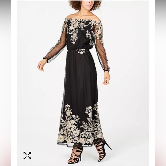 Nine West ladies Gold-Embroidered Off-The-Shoulder Maxi Dress 16 black gold gown - Picture 1 of 15